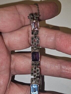 Vintage 925 Sterling Silver Marcasite Multi Gemstone Link Bracelet Art Deco